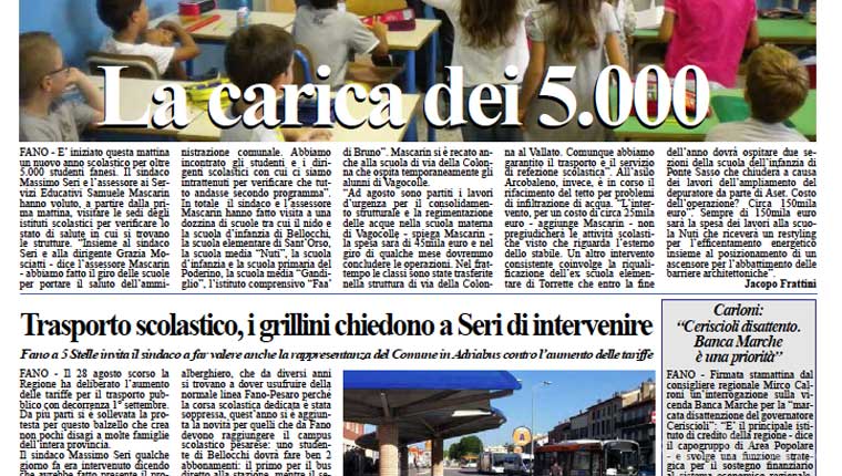 L'edizione di oggi, lunedì 14 settembre, del quotidiano Fanoinforma, con le notizie della città di Fano