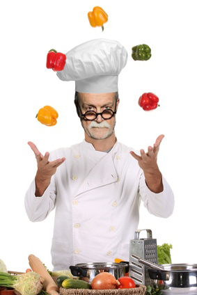 funny chef juggling with peppers in colors